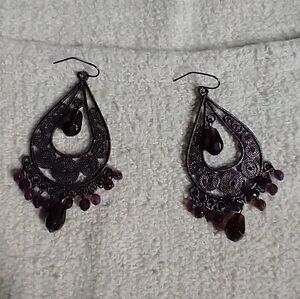 Gunmetal purple color faux amethyst filigree wire dangle earrings